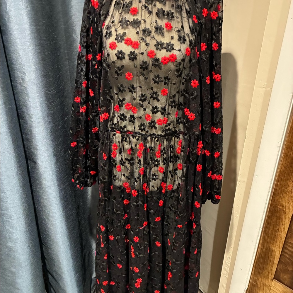 Zara Black and Red Floral Long Sleeve Dress